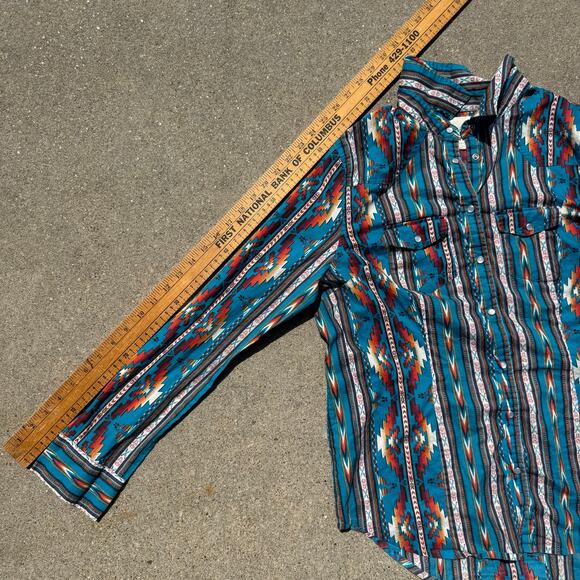 Cotton Rye Outfitters Teal Aztec Southwestern Pearl Snap Shirt Lightweight LARGE - Picture 8 of 9